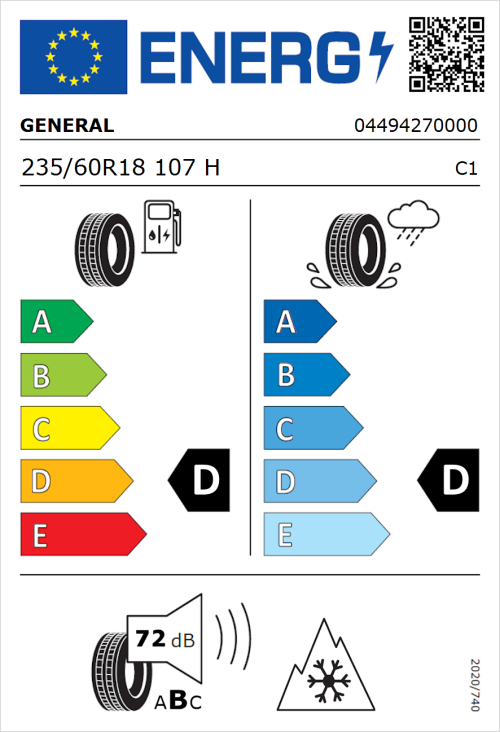 Tyre Label for General Grabber AT 3 235/60R18 107H