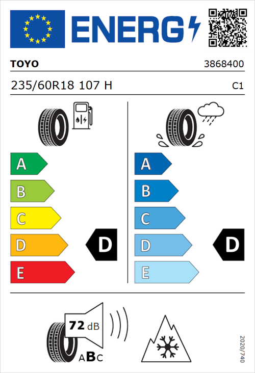 Tyre Label for Toyo Open Country ATIII 235/60R18 107H