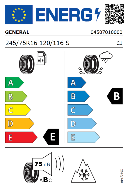 Tyre Label for General Grabber AT 3 245/75R16 120/116S